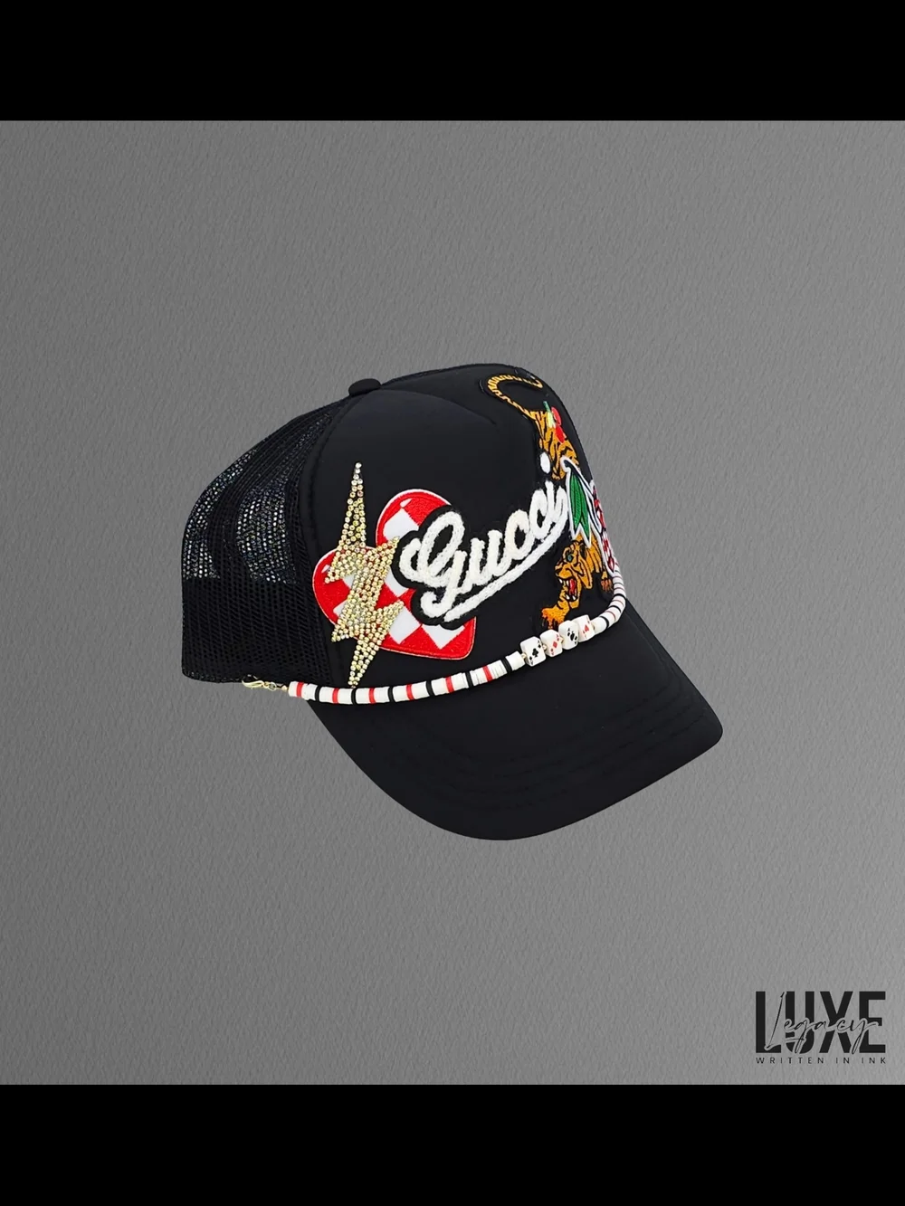 Custom Black Embroidered Kids OTTO Trucker Hat with Cherry and Tiger Patch